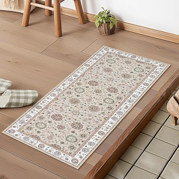 玄関マット 室内 ペルシャ絨毯風 キッチンマット 洗える 滑り止め 45х120cm ラグマット 廊下敷き オールシーズン 耐磨耗性 防音 室外 シェニール適用 抗菌防臭 軽量 ベージュ