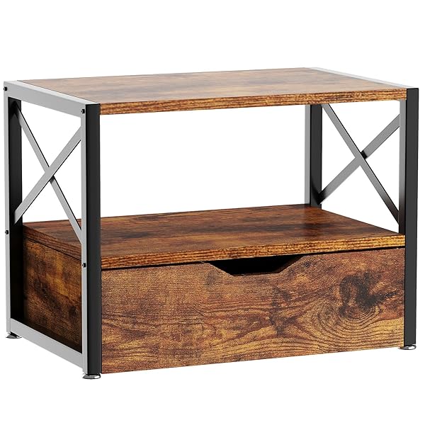 プリンター台 木製2段 デスク収納 ラック 引き出し付き下段 机上＆机下台 卓上収納 幅44×奥行29×高さ33..