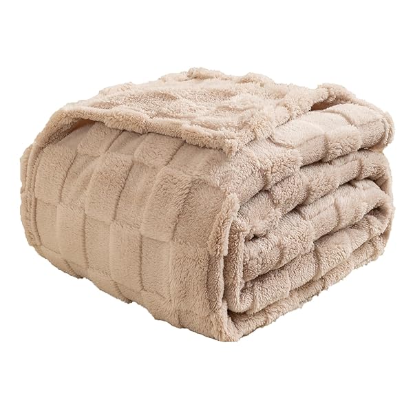 毛布 ダブル 180x200cm おしゃれ ブランケット チェック柄 もこもこ フリース 暖かい 掛け毛布 柔らかい 通年使用 Blanket (ベージュ)