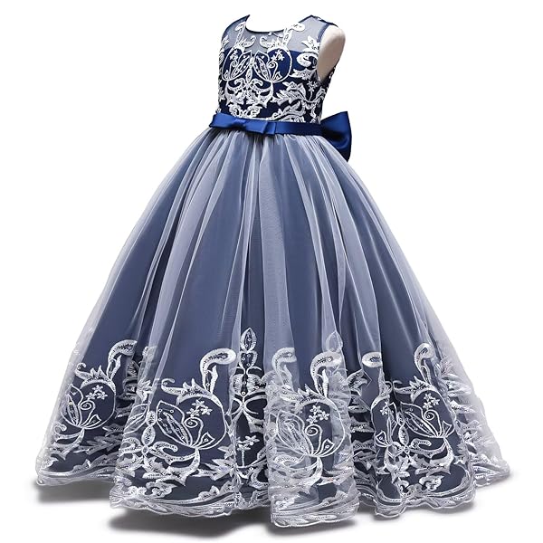 子供ドレス 発表会 女の子 キッズ ピアノ ノースリーブ ドレス チュール フォーマルドレス 刺繍 ジュニア ロング 上品 コンクール 蝶結び フラワーガール(110 ネイビー(蝶結び付き))