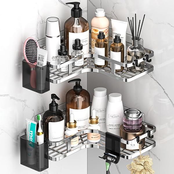 浴室用ラック ステンレス シャワーラック 強力粘着固定 お風呂 収納 浴室 洗面所 バスルーム 2段 シルバー 幅25x奥行25x高5CM