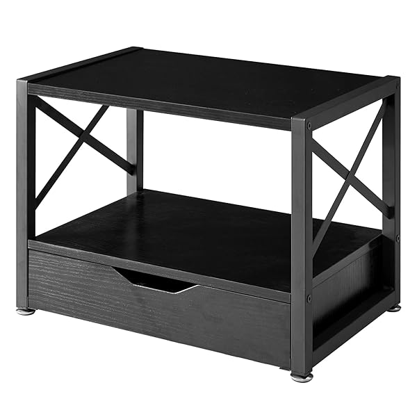 プリンター台 木製2段 デスク収納 ラック 引き出し付き下段 机上＆机下台 卓上収納 幅44×奥行29×高さ33..