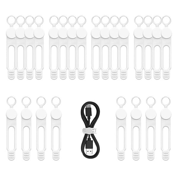 24本 シリコン ケーブルバンド、弾性 ケーブルタイ、再利用 コード 結束 バンド 収納 整理 束ねる USB/イヤホン/電気コード 卓上 デスク周り オフィス キッチンに対応 - 白