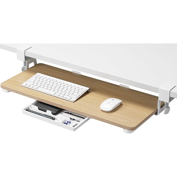 後付けキーボードスライダー キーボードトレイ 引き出し付き 文具収納 天板2枚接ぎ クランク式 ペンケ..