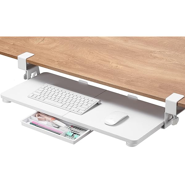 後付けキーボードスライダー キーボードトレイ 引き出し付き 文具収納 天板2枚接ぎ クランク式 ペンケ..