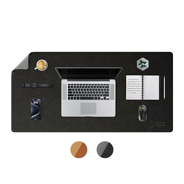 レザーデスクパッドプロテクター、オフィスデスクマット、大型マウスパッド、ラップトップデスクパッド - XLサイズの防水、滑り止め、掃除しやすいデスクマット（900mm x430mm x 3mm）- Manta P10 ブラック