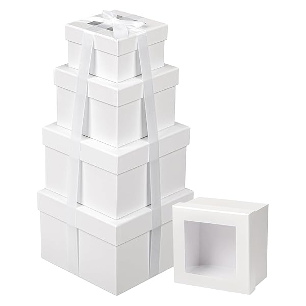 ギフトボックス プレゼントボックス ラッピング箱 入れ子4個入 サプライズボックス 誕生日 クリスマス プレゼント (ホワイト, 正方形)