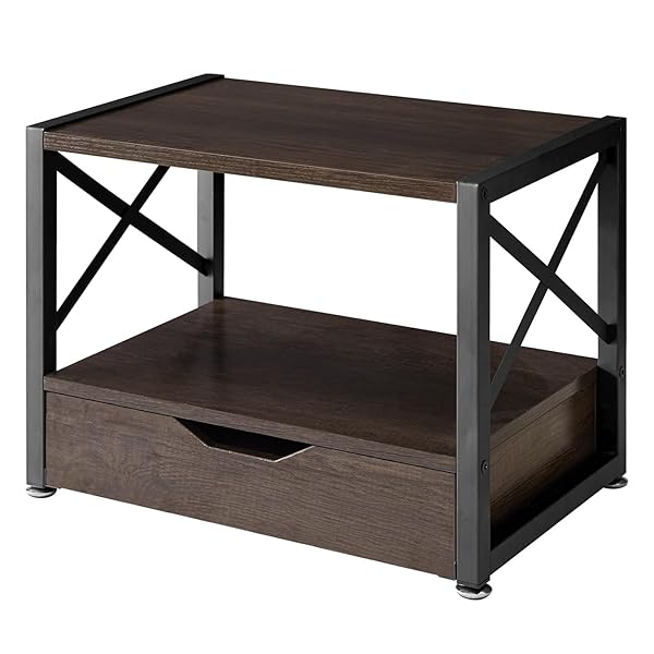 プリンター台 木製2段 デスク収納 ラック 引き出し付き下段 机上＆机下台 卓上収納 幅44×奥行29×高さ33..