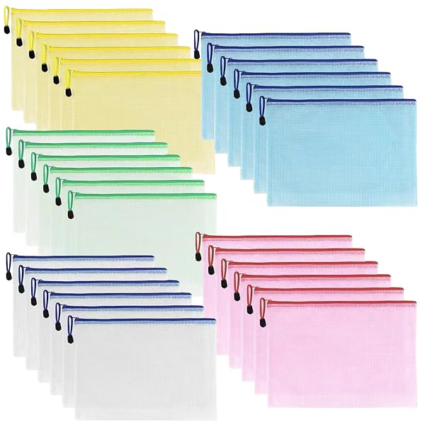 メッシュジッパーポーチ ドキュメントバッグ レターサイズ/A4サイズ 5色プラスチックフォルダー オフィスや旅行の整理に 30パック