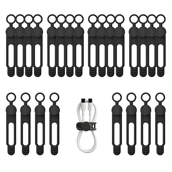 24本 シリコン ケーブルバンド、弾性 ケーブルタイ、再利用 コード 結束 バンド 収納 整理 束ねる USB/イヤホン/電気コード 卓上 デスク周り オフィス キッチンに対応 - 黒