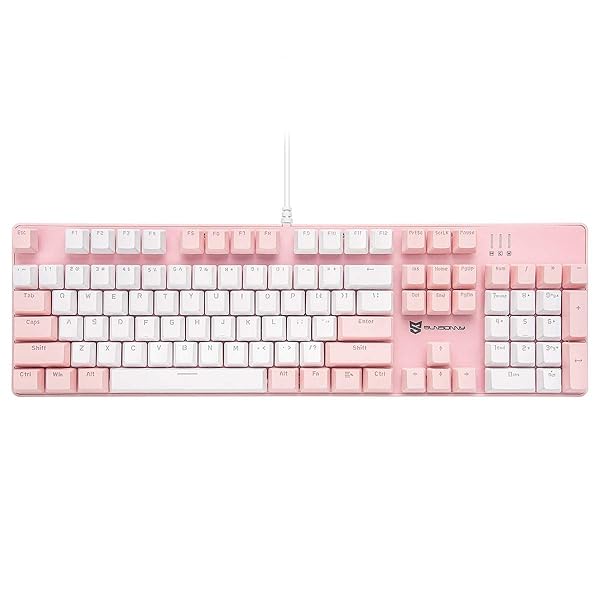 メカニカル式ゲーミングキーボード 全104キーボード US配列 USB有線キーボード LEDバックライト付き (茶軸-ピンクとホワイト)