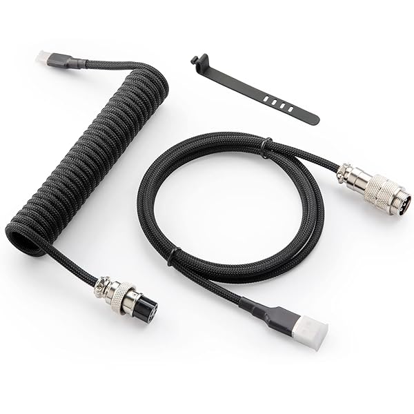 Pro カスタムコイル状USB Cケーブル ゲーミングキーボード用 ダブルスリーブ メカニカルキーボードケーブル 取り外し可能なメタルアビエーター付き 1.5M USB-C - USB-A クラシックブラック