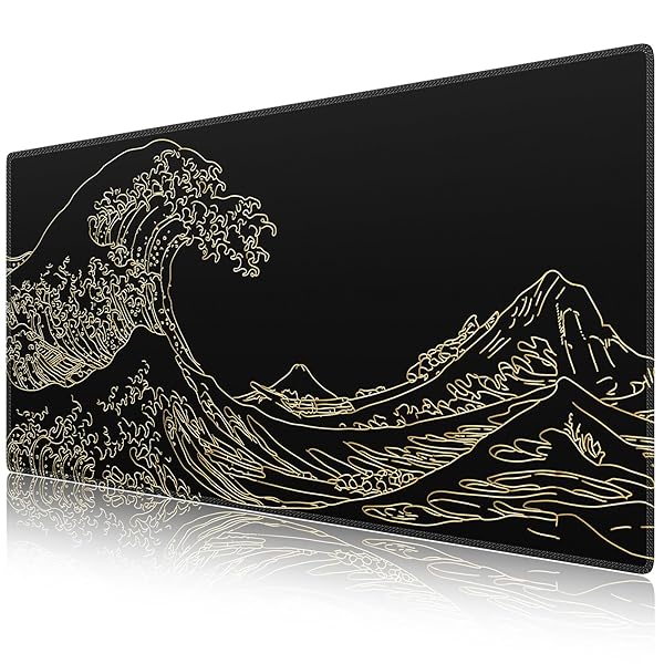 マウスパッド ゲーミング 大型 デスクマット90x40cm 耐水性 洗える 滑り止め ゴムベースデスクマット 仕事 ゲーム オフィス ホーム用（神奈川沖浪裏・ゴールドライン）