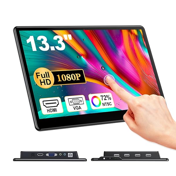 ポータブル タッチ モニター 13.3 インチ、FHD 1080P IPS パネル タッチ スクリーン HDMI VGA モニター、PC、産業機械、セキュリティ監視と互換性あり