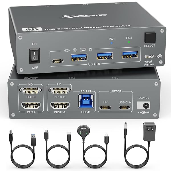 デスクトップ＋ラップトップ、2入力2出力 デュアルモニター USB-C HDMI Type-C KVMスイッチ 4K@60Hz USB3.0 KVM 切替器、100W PD(ラップトップ用)、2台のモニターと1組のキーボード マウスを共有できる