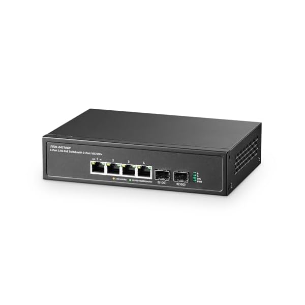 6ポート2.5G PoEスイッチ、2x10G SFP+ポート、4x2.5G Base-Tポート、100/1000Mbps対応、IEEE802.3af/at 78W、アンマネージドファンレスラックマウントイーサネットスイッチ