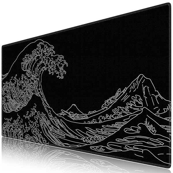 マウスパッド ゲーミング 大型 デスクマット90x40cm 耐水性 清潔しやすい 滑り止め ゴムベースデスクマット 仕事 ゲーム オフィス ホーム用（神奈川沖浪裏・ホワイトライン）