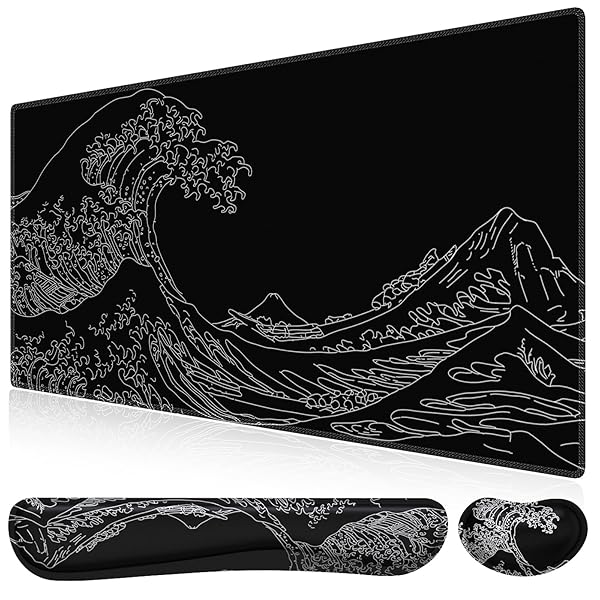 マウスパッド リストレスト3点セット 90x40cm 大型 ゲーミングマウスパッド 低反発 キーボード用+マウス用 手首クッション 長さ45+14cm 人間工学 アームレスト 疲労軽減 ゴムベース 滑り止め（神奈川沖浪裏）