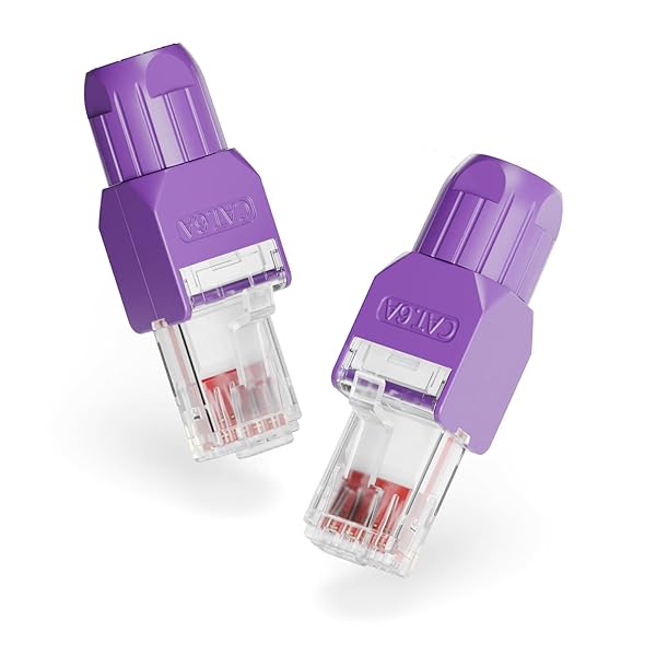 LAN コネクター CAT6A 圧着不要 RJ45 コネクタ 10 Gbps 23-26 AWGイーサネットケーブル用 ロードバー付き UTP 再利用可能 紫 2個入