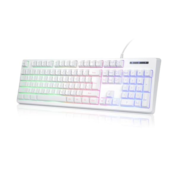 ゲーミングキーボード USB有線 メカニカル風 テンキー付き 静音設計 RGBバックライト 104キー メンブレン式 英語配列 防水 フローティングキー Xbox/PS5/PC対応 人間工学 25キーロールオーバー 5000万回耐久（ホワイト）