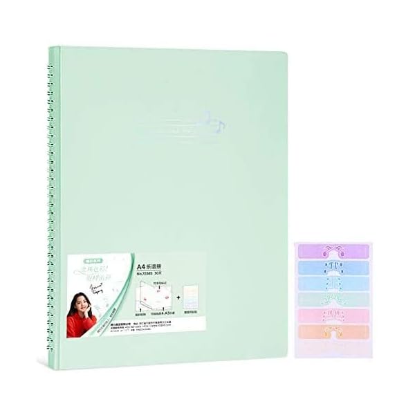 楽譜ファイル A3/A4サイズ楽譜ファイル互換 書き込みでき 楽譜/絵画ファイル 保管や整理 180°～360°フリップ楽譜 A3横入れ 音楽モチーフラベル付き… (20ページ/40枚の楽譜, 緑)