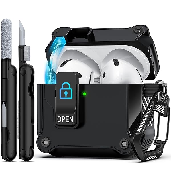 AirPods第4世代対応ケース、落下防止機能付き自動ポップアップ蓋デザイン、クリーナーキット付き、ブラック