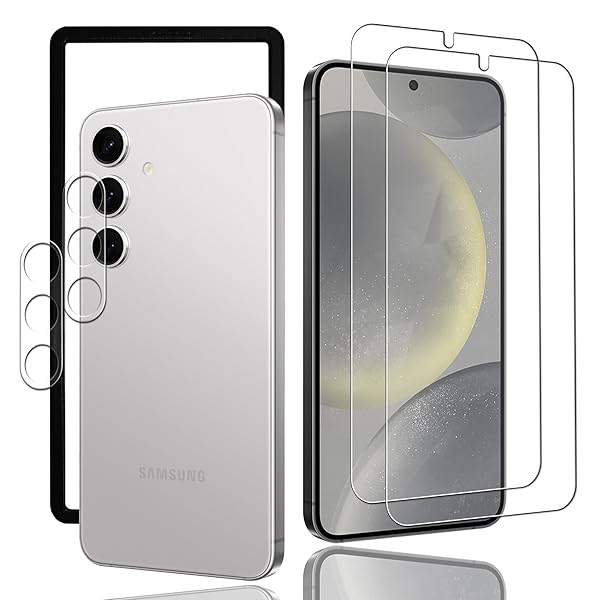 FOR Galaxy S24 用のガラスフイルム Galaxy S24ガイド枠付き 指紋防止 【2* フィルム + 2* レンズ保護フィルム+ 1*ガイド枠付き】日本旭硝子製 硬度9H 耐衝撃 高透過率 気泡 飛散防止 撥水撥油 ギャラクシーS24ウ