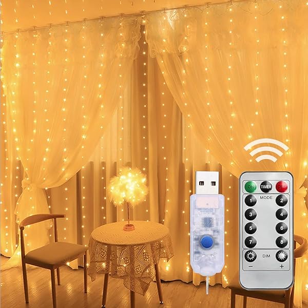 イルミネーション LEDカーテンライト3M*3M 300球 防水 リモコン付き USB給電 8モード切替 クリスマス ハロウィーン パーティー 結婚式 記念日 誕生日(電 球 色)