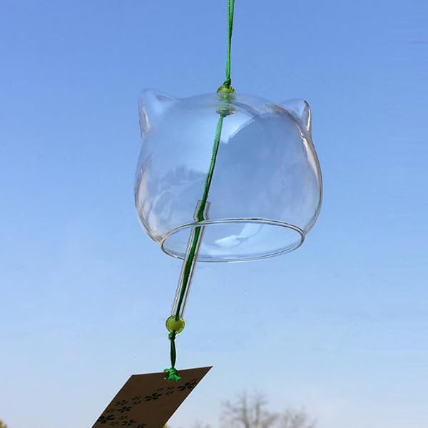 風鈴 ガラス風鈴 おしゃれ 和風デザイン 涼しい音色 ウィンドチャイム wind chime 金魚 クローバー アサガオ ネコ 短冊付き クリスマス プレゼント 贈り物 (ねこ 透明)