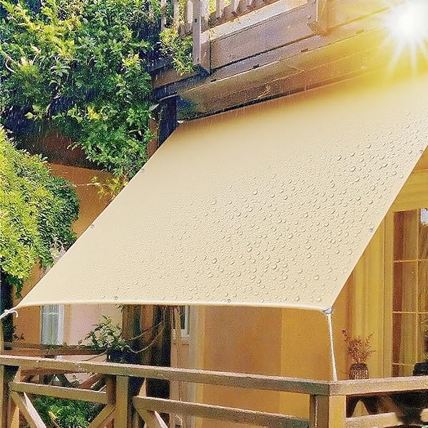 日除けシェード 屋外 サンシェード ベランダ 400Dポリエステル PU塗装 2層撥水加工 接合部水漏れ防止 紫外線UVカット 雨よけシート ベランダ・屋外・玄関 ・家 窓 ・マンション・庭に適用 簡単設置 固定ロープ 付属 （2×3m カーキ）