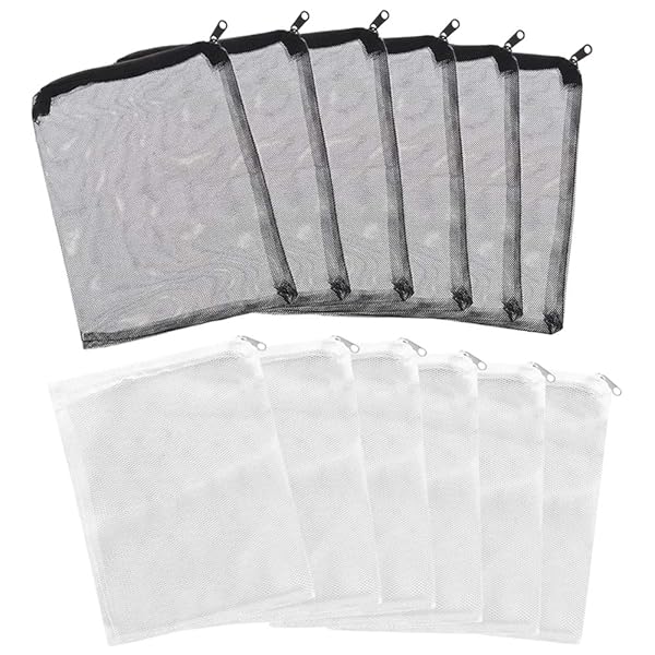 フィルターバッグ 水槽 魚槽 フィルターネット ジッパー付き 多用途収納ネット 再利用可能（ホワイトx6、ブラックx6）