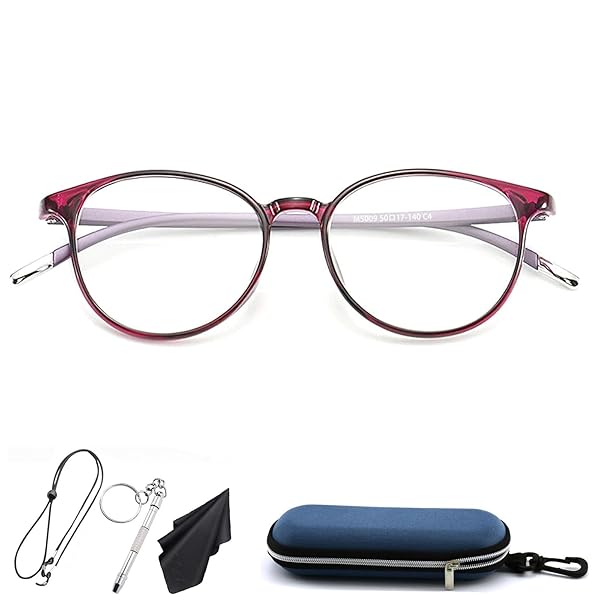 おしゃれ老眼鏡レディースメンズ ブルーライト老眼鏡 UVカットTR90 超軽量眼鏡 お洒落柔らかいフレーム 読書/DIY用 5点付属品セット (パープル, 3.5 倍率)