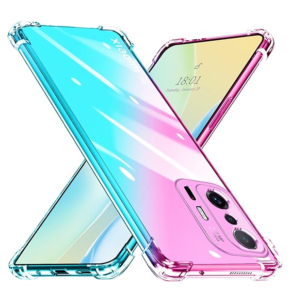 Xiaomi 11T/11T Pro ケース クリア 透明 TPU ソフト ケース 耐衝撃 軽·薄 全面保護 黄ばみなし グラデーション レンズ保護 傷防止 滑り防止 シャオミ 11t/11t pro スマホケース ピンク+グリーン SJ76.26