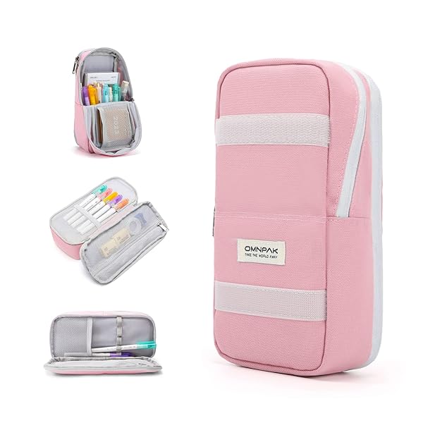 筆箱 縦型 大容量 ペンケース シンプル たくさんのペン ハサミ 消しゴム しおり ラベル 入れる 収納力 小学生 中学生 高校生 大学生 社会人用 ふでばこ （ピンク）