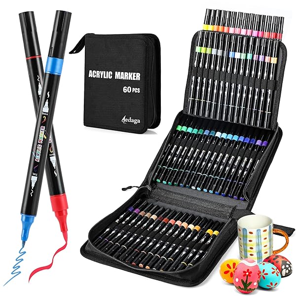 アクリルマーカーペン セット 60色 収納バッグ付き カラーペン 水性ペン 毒性無し 防水 速乾 耐光 太細両端 プラ板/ガラス/陶器/木材/布/石に書ける ハンドメイド DIY 子供用 学校 絵画教室 プレゼント