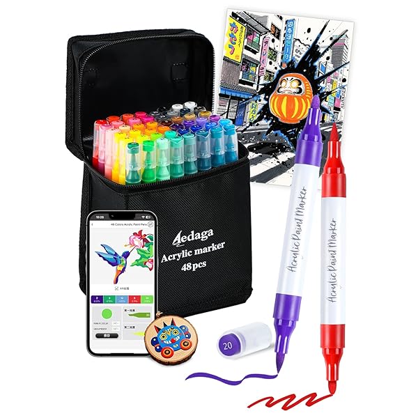 アクリルマーカー 48色セット 色付き号水性ペン 無料アプリ付き カラーペン 毒性無し 防水 速乾 耐光 太細両端 プラ板/ガラス/陶器/木材/布/石に書ける ハンドメイド DIY 子供用 学校 絵画教室 プレゼント