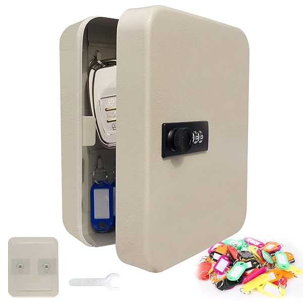 キーボックス 壁掛け キーケース 貼り付け式 鍵収納 キーハンガー 3桁ダイヤル式 屋外 事務器 倉庫 事務所 工事現場 家庭用 20本収納 屋外 盗難防止 日本語取扱説明書付き (白い色, 20キー)