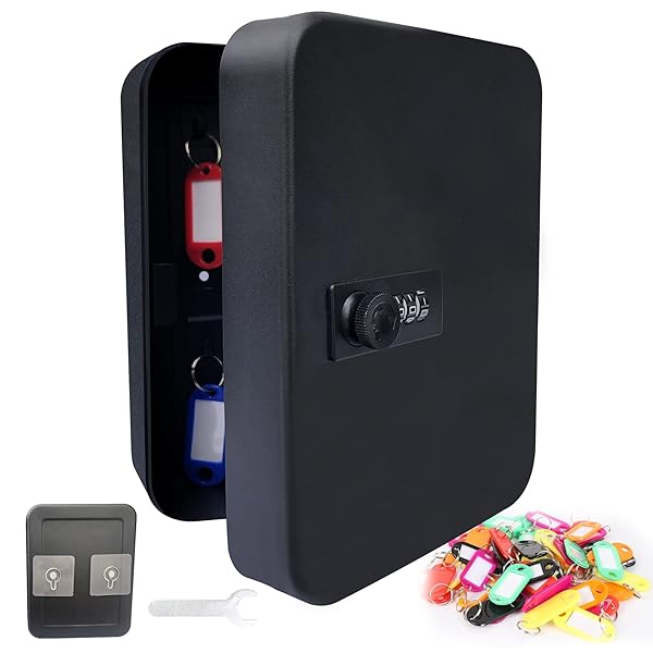 キーボックス 壁掛け キーケース 貼り付け式 鍵収納 キーハンガー 3桁ダイヤル式 屋外 事務器 倉庫 事務所 工事現場 家庭用 20本収納 屋外 盗難防止 日本語取扱説明書付き (黒, 20キー)