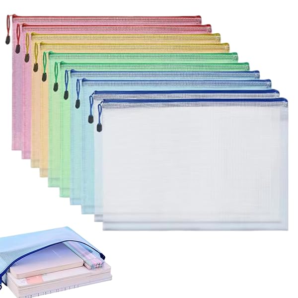 ジッパー式ファイル袋 5色 10枚入り A4 網目ジッパー付き袋 書類ケース 連絡袋 小学生 メッシュ 書類整理 PVC製 防水 化粧品 小物分類 学習用 仕事...