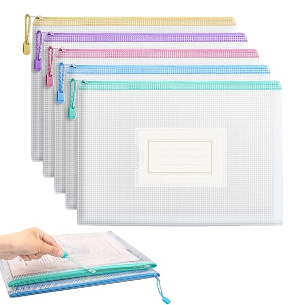 ジッパー式ファイル袋 ラベル付き 5色 5枚入り A4 網目ジッパー付き袋 書類ケース 連絡袋 小学生 メッシュ 書類整理 PVC製 防水 大容量 半透明 化粧...