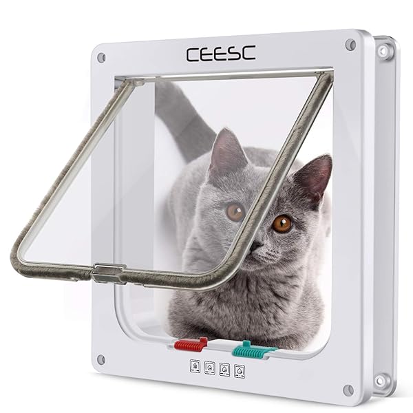 乐天商城 - 4WAY ペットドア 小型 犬 猫 ペット出入り口 ドア 勝手口 扉 冷暖房対策 日本語取扱説明書付き(ホワイト, 中)