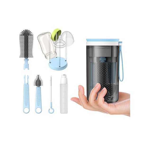 哺乳瓶洗い 旅行用哺乳瓶ブラシセット 哺乳瓶ラック付き 赤ちゃん旅行必需品 安全素材 BPAフリー ブルー