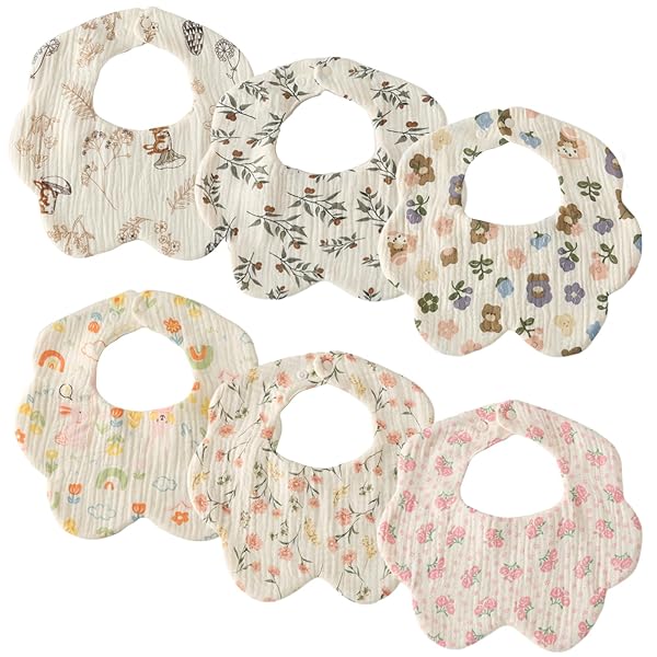 ベビー スタイ よだれかけ 女の子 6重ガーゼ地 6枚セット 花柄 花びらスタイ 赤ちゃん お食事スタイ 1歳 2歳 3歳 柔らかい 綿 コットン 幼児 新生児 ベビーギフト 出産祝い