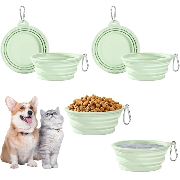 猫/犬用 給水器 給餌器 【2個】 折りたたみ式 犬猫用ボウル ペット食器 フードボウル 犬 皿 持ち運び 水飲み ペット用品 犬 散歩 水 伸縮 災害 携帯便利 超軽量 登山釦付き （2個グリーン）
