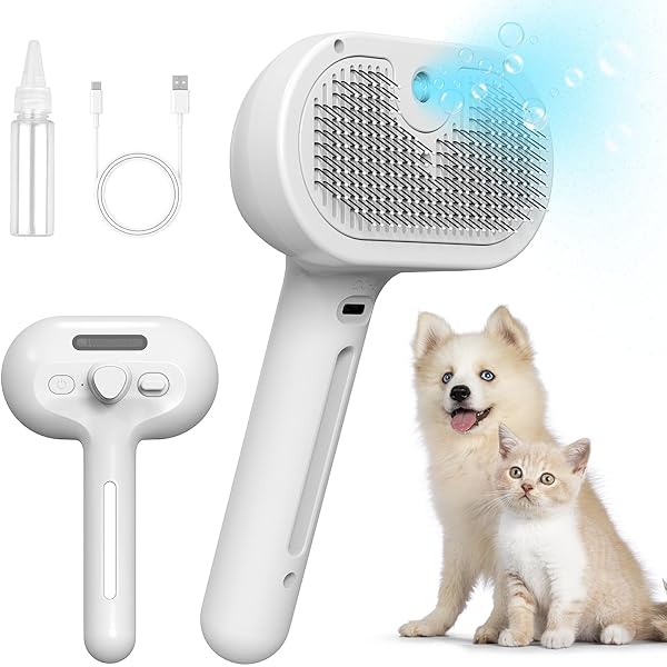 ペット用ブラシ 噴霧式 水タンク付き 猫 犬 くし 抜け毛除去簡単 USB充電 ワンプッシュ式 痛くない マッサージ ペットグルーミング 短毛 中毛 長毛 通用 (ホワイト)