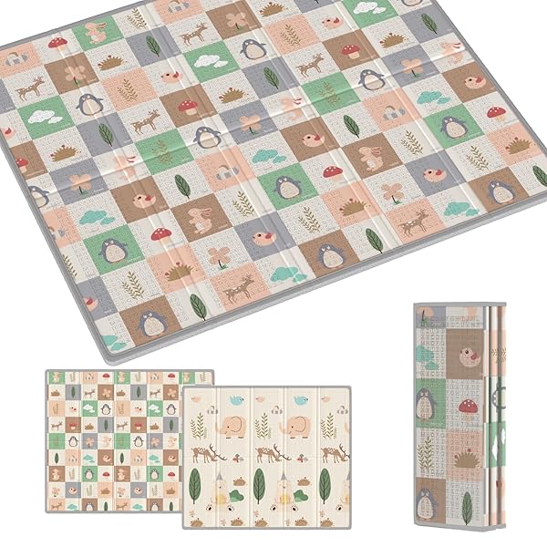 プレイマット 赤ちゃん 厚手 ベビーマット 折り畳み式 大判 ベビープレイマット 滑り止め お昼寝マット 防水 防音マット 収納袋付き 収納しやすい 持ち運び便利 ピクニック 幼稚園 保育園 (緑樹+楽園, 180×200×2cm)