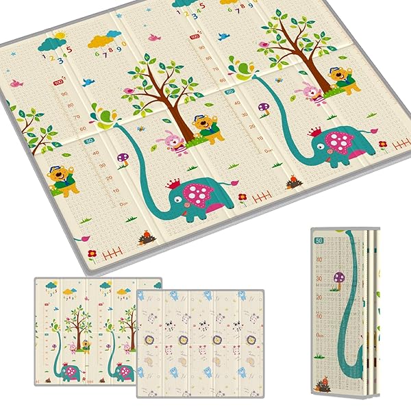 プレイマット 赤ちゃん 厚手 ベビーマット 折り畳み式 大判 ベビープレイマット 滑り止め お昼寝マット 防水 防音マット 収納袋付き 収納しやすい 持ち運び便利 ピクニック 幼稚園 保育園 (ゾウさん+森, 160×180×2cm)