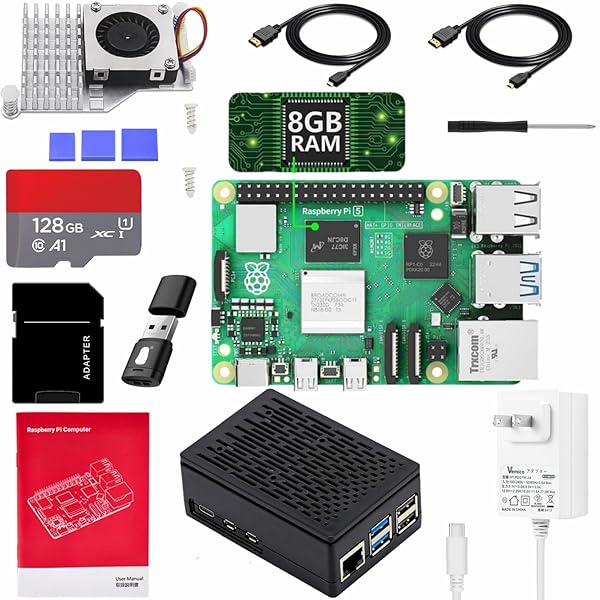 Vesiri Raspberry Pi5 8GB Kit 技適済み raspberry pi5 kit ラズベリーパイ5 8GBボード/128GB カード/アクティブクーラー/PD電源アダプター/ABS黒色ケース/MicroHDOUTケーブル/ドライ
