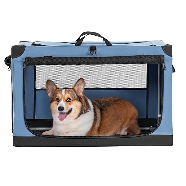 ソフトクレート ペットケージ 犬用クレート 中型ペット 折り畳み ペットハウス 猫犬兼用 組み立て簡単 カバーが取り外し可能 ハンドル付き ポケット付き 持ち運び 3つの出し入れ口 通気 しっかり アウトドア 急に来客時 病院 キャンプ M ブルー