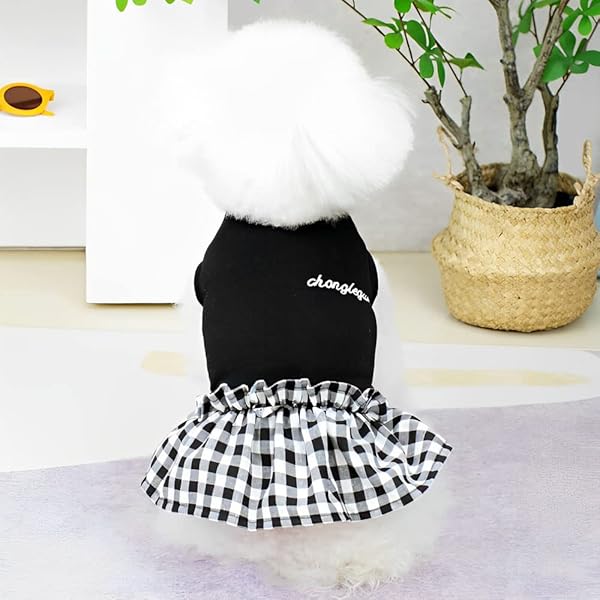 犬服 ワンピース ペット服 犬猫洋服 チェック柄 蝶結び 袖なし 春夏秋 犬の服 お姫様 レース ドレス スカート 可愛いワンピース 人気 ファッション 小型犬 中型犬 猫 (XS, ブラック)